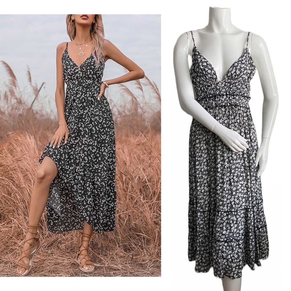 Floral Ditsy Black White Tiered Midi Dress Sleeveless Viscose Rayon Flowy V-neck